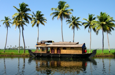 A typical houseboat in the Kerala backwaters near Alleppey